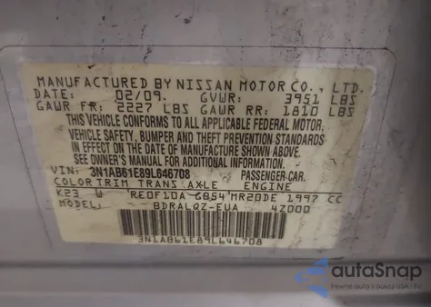 2009 Nissan Sentra 2.0 from USA, damaged, VIN 3N1AB61E89L646708